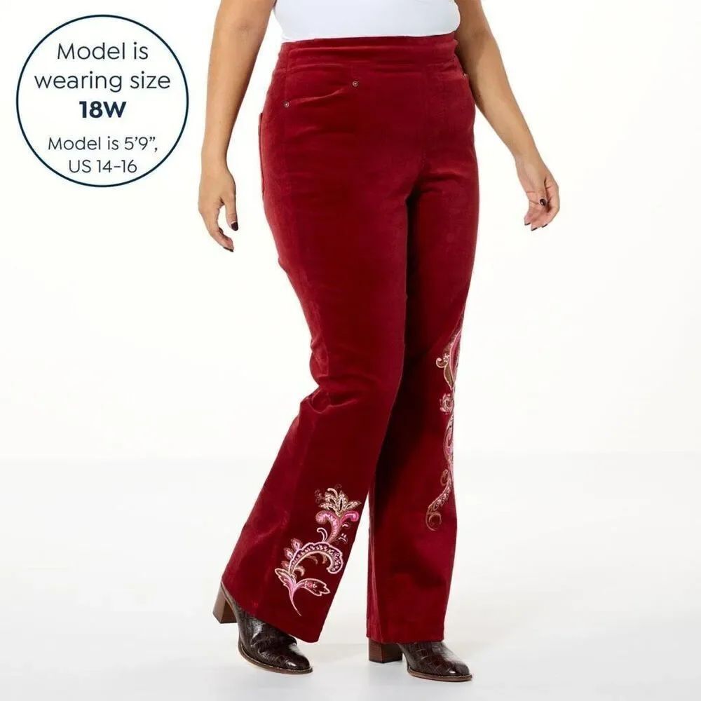 DG2 by Diane Gilman Stretch Velvet Pull-On Embroidered Bootcut Pant size 22W NWT